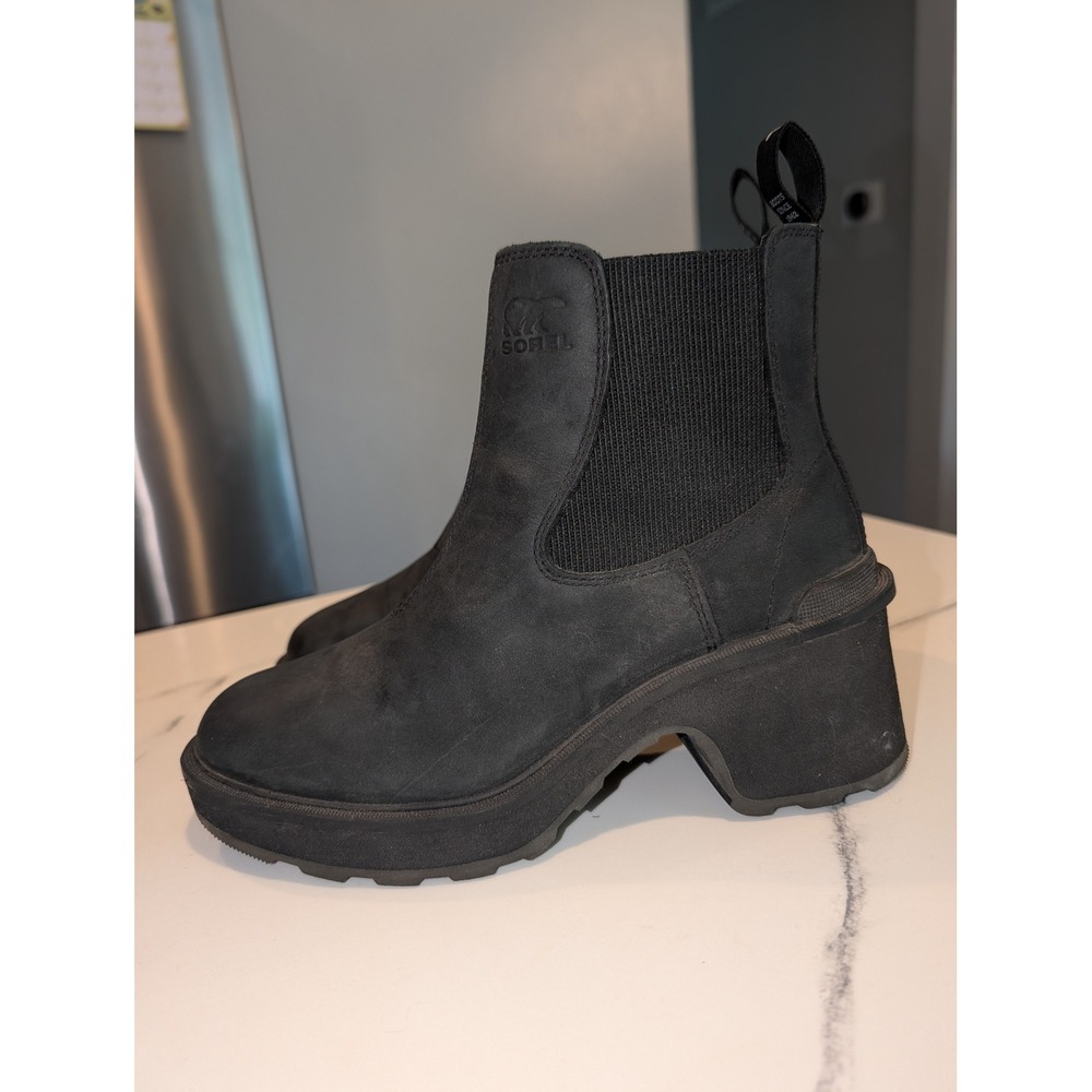 Sorel Hi-Line Heel Chelsea Boot Women 8 Black Leather Waterproof Chunky Platform